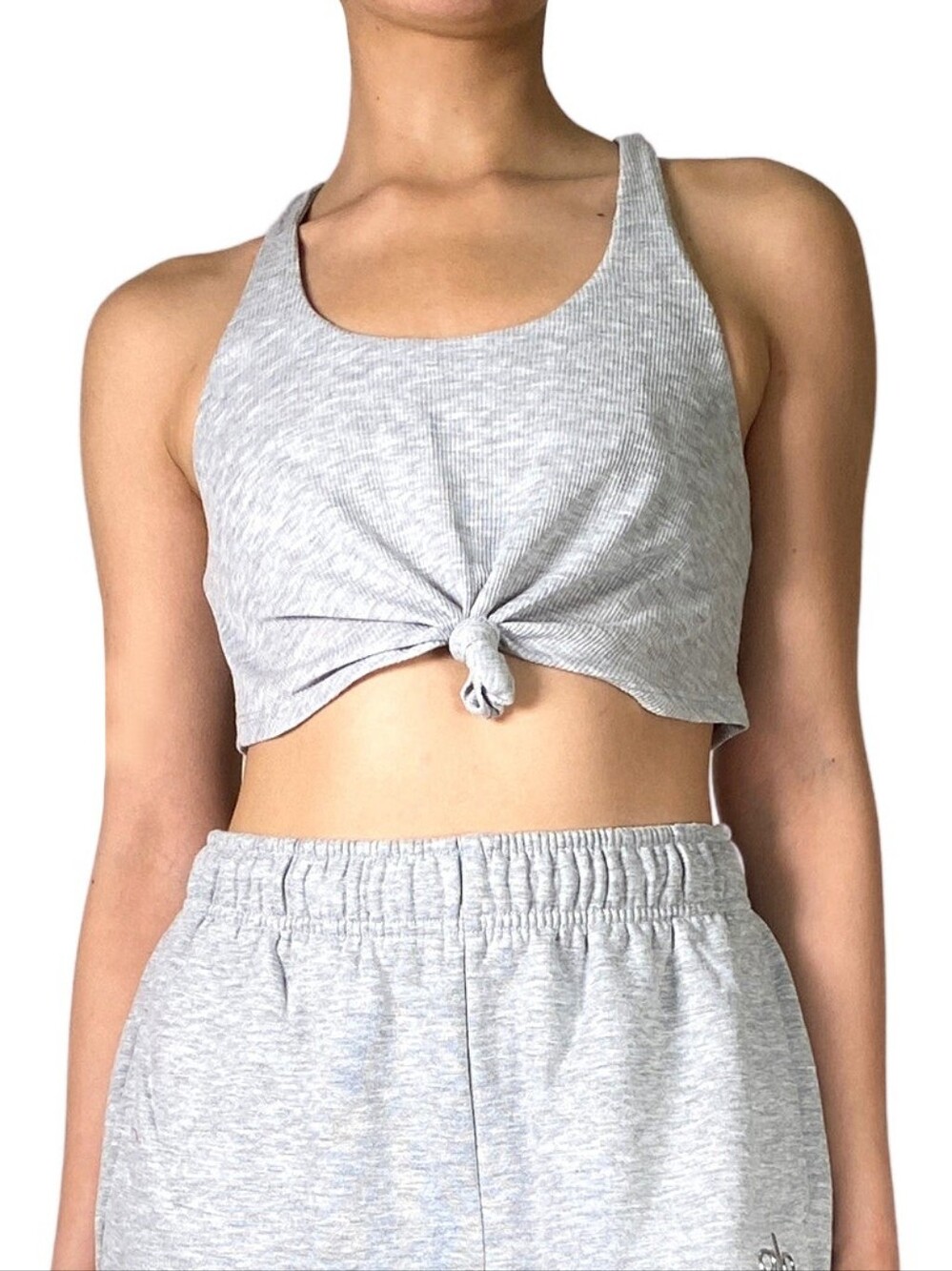 Alo Yoga Ribbed Knot Sports Bra Crop Top Light Gray Small